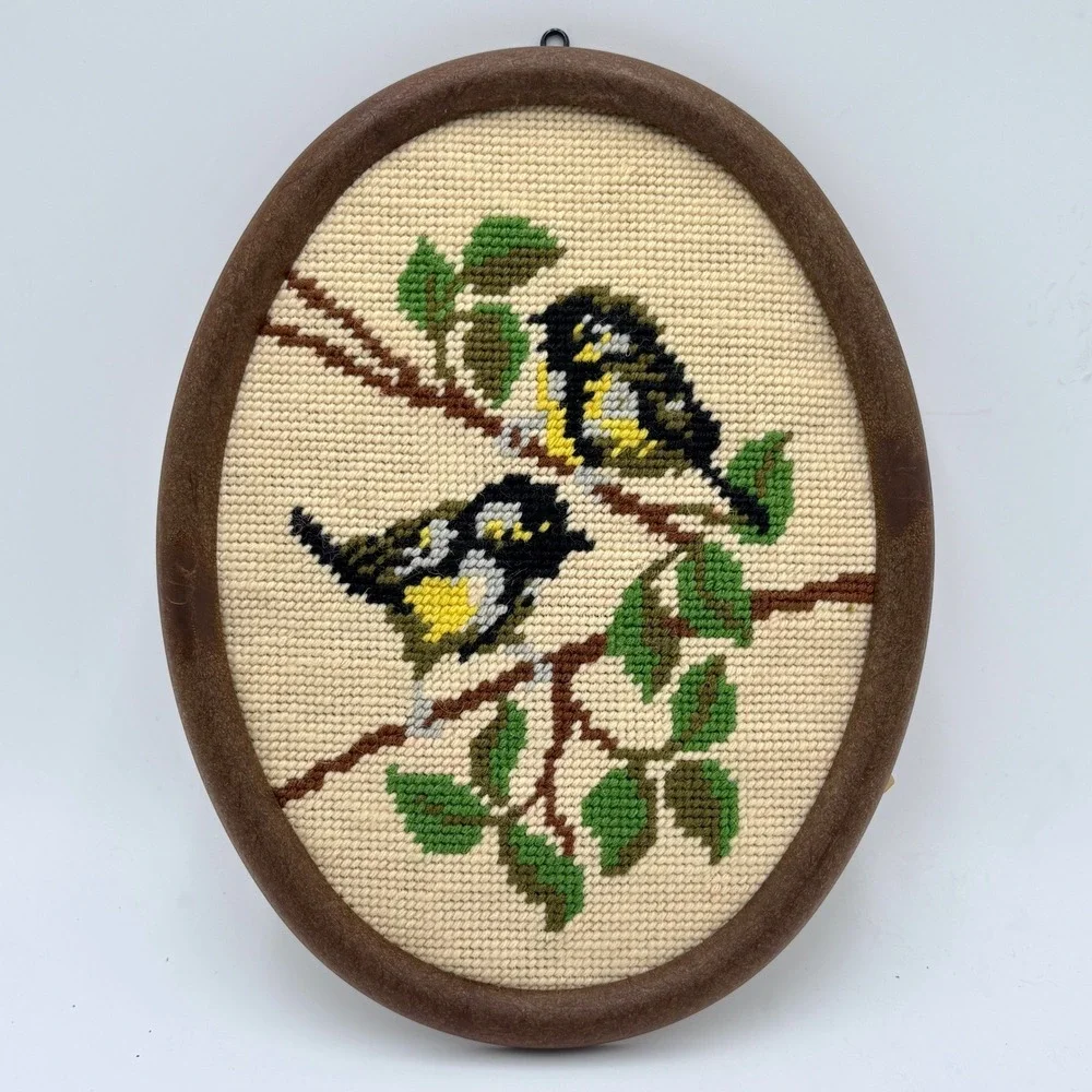 Vintage 1988 Handmade Needlepoint Bird Art Oval Frame Two Great Birds 8 x 10